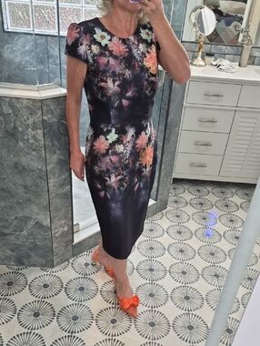 Betsey Johnson Navy Floral Midi W/Multi-Color Blooms